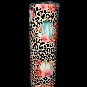 Leopard Print 20 Ounce Skinny Tumbler with Floral and Pumpkin Design